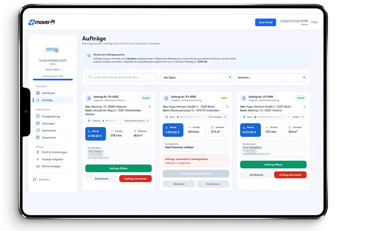 Auftrag im Panel ohne Kundendaten