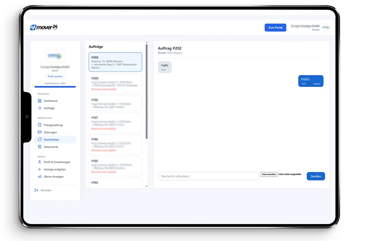 Chat aktiv und PDF Auftrag im Partner-Panel