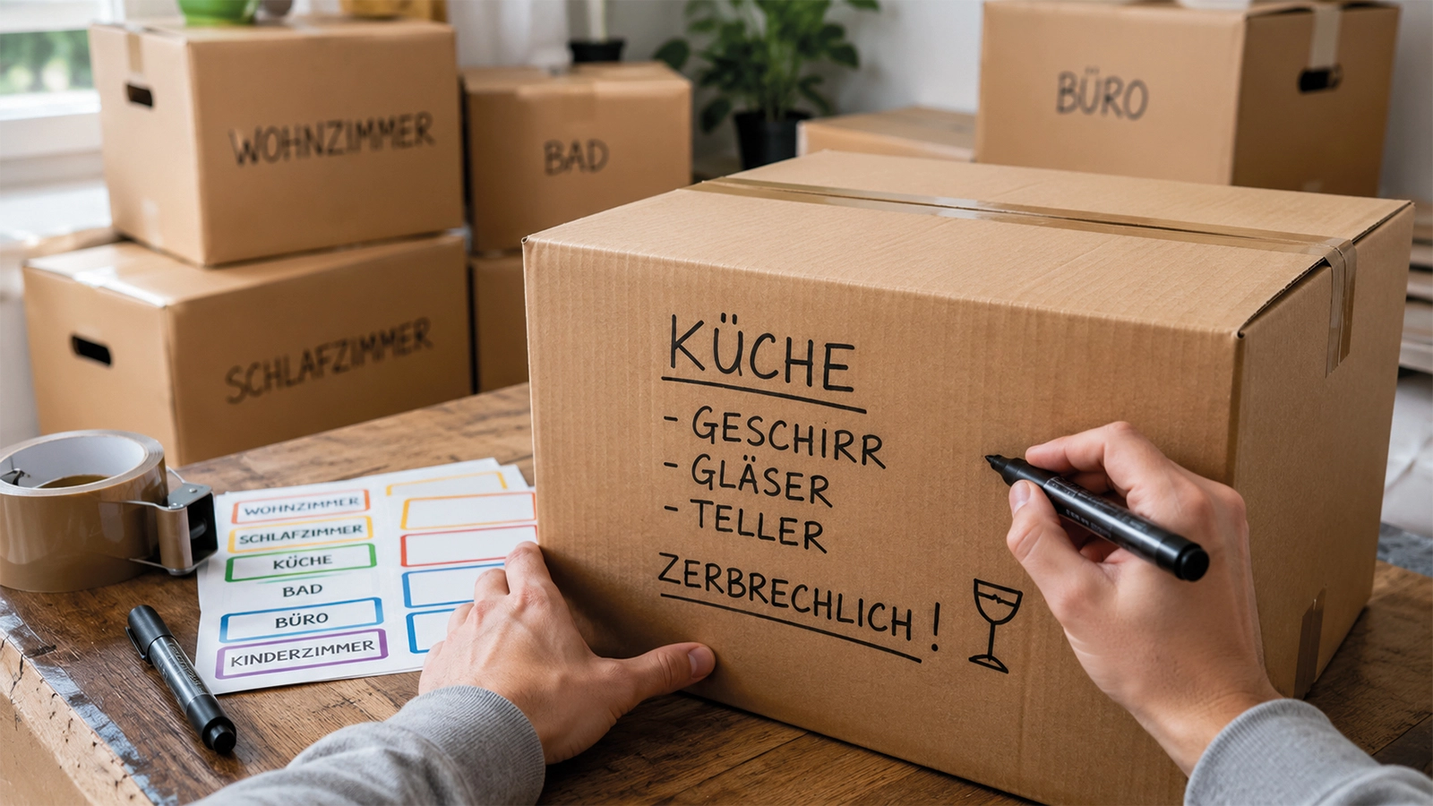 Umzugskartons beschriften nach Raum und Inhalt